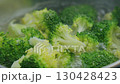 Cooking fresh broccoli in boiling water for a nutritious meal on a sunny afternoon 130428423
