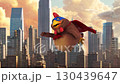 Fun 3D chicken superhero flying over a city 130439647