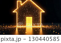 Transparent gold luminous symbol of house on dark background with golden glitter. Real estate, realtor, mortgage, insurance, booking, construction, insulation, heating. AI generated 130440585