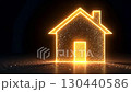 Transparent gold luminous symbol of house on dark background with golden glitter. Real estate, realtor, mortgage, insurance, booking, construction, insulation, heating. AI generated 130440586