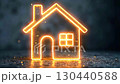 Transparent gold luminous symbol of house on dark background with golden glitter. Real estate, realtor, mortgage, insurance, booking, construction, insulation, heating. AI generated 130440588