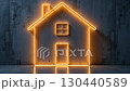 Transparent gold luminous symbol of house on dark background with golden glitter. Real estate, realtor, mortgage, insurance, booking, construction, insulation, heating. AI generated 130440589