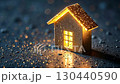 Transparent gold luminous symbol of house on dark background with golden glitter. Real estate, realtor, mortgage, insurance, booking, construction, insulation, heating. AI generated 130440590
