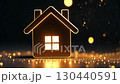 Transparent gold luminous symbol of house on dark background with golden glitter. Real estate, realtor, mortgage, insurance, booking, construction, insulation, heating. AI generated 130440591