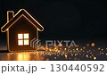 Transparent gold luminous symbol of house on dark background with golden glitter. Real estate, realtor, mortgage, insurance, booking, construction, insulation, heating. AI generated 130440592