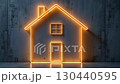 Transparent gold luminous symbol of house on dark background with golden glitter. Real estate, realtor, mortgage, insurance, booking, construction, insulation, heating. AI generated 130440595