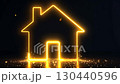 Transparent gold luminous symbol of house on dark background with golden glitter. Real estate, realtor, mortgage, insurance, booking, construction, insulation, heating. AI generated 130440596
