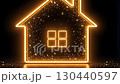 Transparent gold luminous symbol of house on dark background with golden glitter. Real estate, realtor, mortgage, insurance, booking, construction, insulation, heating. AI generated 130440597