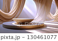 Soft sunlight filtering through round windows, illuminating flowing beige curtains surrounding minimalist podium, radiating serene elegant interior space, podium,curtains 130461077