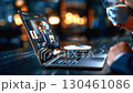 Professional working comfortably during online meeting, sipping steaming coffee in ambient cafe, embodying modern digital work lifestyle and relaxed productivity 130461086