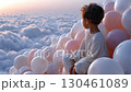 Peaceful child sitting on colorful balloon cluster, gazing at golden sunset stretching across expansive cloudscape with dreamy wonder 130461089