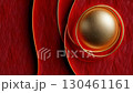 Golden metallic sphere spinning gracefully over deep crimson textured surface, metallic rings generating fluid geometric dynamics with sleek reflective quality 130461161
