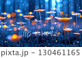 Luminous mushrooms glowing softly amid shadowy forest, raindrops falling delicately, fireflies swirling through misty nocturnal landscape, generating magical woodland atmosphere 130461165