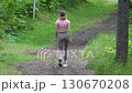 Fit woman walking along footpath in park during physical activity, summer workout. Rear view of unrecognizable athlete wearing sportswear - t-shirt, yoga pants and sports shoe. Full length, zoom in Fit woman walking along footpath in park during physical activity, summer workout. Rear view of unrecognizable athlete wearing sportswear - t-shirt, yoga pants and sports shoe. Full length, zoom in 130670208