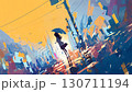 動畫影片中，一個女孩站在雨中，奇幻小鎮從日落變成夜晚 130711194