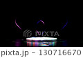 Futuristic white circular display podium with vibrant, soft light reflections on a dark, glossy surface. Abstract neon pink and blue glowing lines curve around, creating a dynamic 130716670