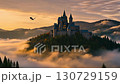 ファンタジー城と空を舞うドラゴン 映像素材 130729159