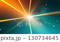 Technology background with orange and cyan light rays intersecting particle network and cosmic scale 130734645