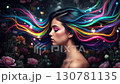 Fantastic special effects glowing around a model-like woman with rainbow-colored hair. 130781135