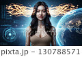A digital scene depicting a cyborg woman inputting augmented reality and data, with data in motion. 130788571