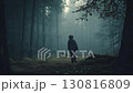 Young child in a dark forest, standing still, then beginning to walk forward, exploring the misty surroundings, showcasing a journey of discovery and wonder in nature 130816809