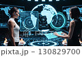 Two female operators in a dark, futuristic mission control room working together, using a holographic keyboard and a glowing globe to manage data. Two female operators in a dark, futuristic mission control room working together, using a holographic keyboard and a glowing globe to manage data. 130829700