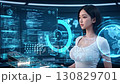 A professional female data analyst in a futuristic control room, interacting with a glowing blue holographic user interface showing global maps and charts. A professional female data analyst in a futuristic control room, interacting with a glowing blue holographic user interface showing global maps and charts. 130829701