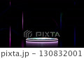A futuristic 3D render of a product display podium with a shimmering surface and neon glowing elements against a dark background. Ideal for showcasing products, virtual events, or abstract concepts. 130832001