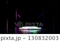 Modern empty white circular podium in a dark studio, surrounded by glowing vertical pink and blue neon lights and abstract wavy patterns. Ideal backdrop for product presentations or events. 130832003