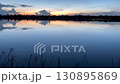 Serene sunset over a calm lake with golden and blue sky reflections, silhouetted trees, and gentle reeds in the foreground creating peaceful natural scenery 130895869