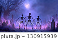 A funny cartoon with dancing skeletons against a backdrop of a cemetery and graves under a full moon. Video wallpaper, Halloween background. 130915939