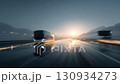 Modern self-driving electric bus on an intelligent highway featuring bright guiding lines, symbolizing progress in transport technology and innovation 130934273