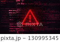 Red warning message on source code bg, alert sign, exclamation mark inside a triangle on black bg. Alert notice, problem, danger, fail on emergency, alert notice, computer hacking error 130995345