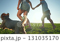 Boy girl barefoot on green summer field holding hands. Children walk next to dog in grass. Summer joy on field as barefoot children explore. Holding hands brings joy to children walking across field. 131035170