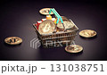Bitcoin coins in a shopping basket and growing graph. 131038751