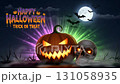 alloween pumpkin and skull with flying bats at night, scary background with "Happy Halloween. Trick or treat" message 131058935