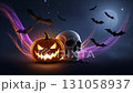 Creepy Halloween night with a spooky pumpkin and misty skull with flying bats 131058937