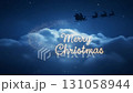 Santa Claus sleight and reindeer silhouette flying showing merry christmas message in the night and clouds 131058944
