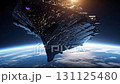 A cinematic, low-angle view of a colossal, continent-sized battleship with city-like lights, hovering in majestic orbit above a living planet. A cinematic, low-angle view of a colossal, continent-sized battleship with city-like lights, hovering in majestic orbit above a living planet. 131125480