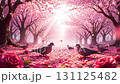 A serene and romantic animation of doves on a path covered with pink rose and cherry blossom petals, under a beautiful sakura tree archway. A serene and romantic animation of doves on a path covered with pink rose and cherry blossom petals, under a beautiful sakura tree archway. 131125482