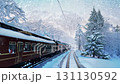 Winter train peaceful and tranquil journey that takes you through a stunning snowy landscape filled with majestic pine trees, creating a serene and picturesque atmosphere all around you 131130592