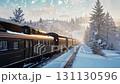 Winter train peaceful and tranquil journey that takes you through a stunning snowy landscape filled with majestic pine trees, creating a serene and picturesque atmosphere all around you 131130596