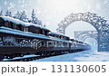 Winter train peaceful and tranquil journey that takes you through a stunning snowy landscape filled with majestic pine trees, creating a serene and picturesque atmosphere all around you 131130605