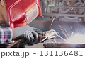 Track Shot Side View Construction Industrial Factory or Metalwork Concept by Mechanic or Technician Welder Welding Structure Parts 131136481