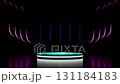 Futuristic round podium with glowing aqua surface and neon rim on reflective black. Illuminated by vertical blue and curved pink neon lines, creating a vibrant abstract stage for products. 131184183