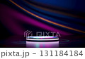 Futuristic glowing circular podium with white LED edges and vibrant swirling colorful lights on its surface, placed on a reflective dark floor with neon patterns against a deep blue background. 131184184