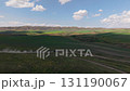 Black off road vehicle crossing green fields leaving dust trail 131190067