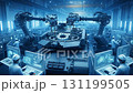 Advanced robotic arms work on assembling the turret of a modern main battle tank. Engineers in protective gear oversee the process using digital control panels. 131199505