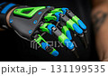 This unique prosthesis showcases a bionic hand designed for functionality and style, featuring flexible finger movement and options for customizable color patterns. 131199535