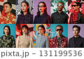 Young individuals display a variety of fashion styles, highlighting unique clothing designs with subtle movement against bold, colorful backgrounds. Fashion blends with creative expression. 131199536